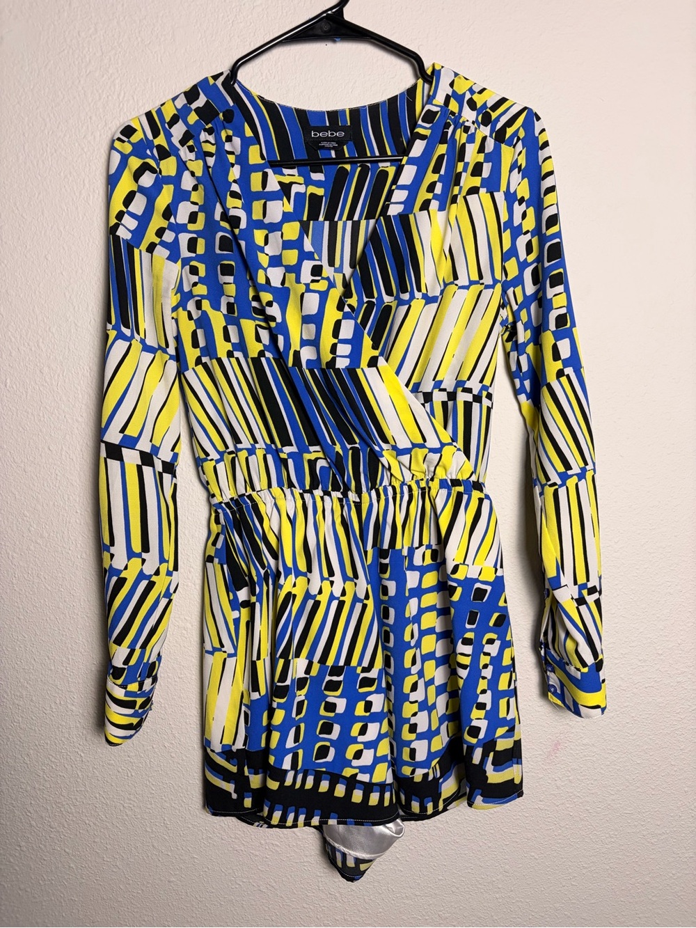 bebe Long-Sleeve Geometric Print Dress in Blue & Yellow